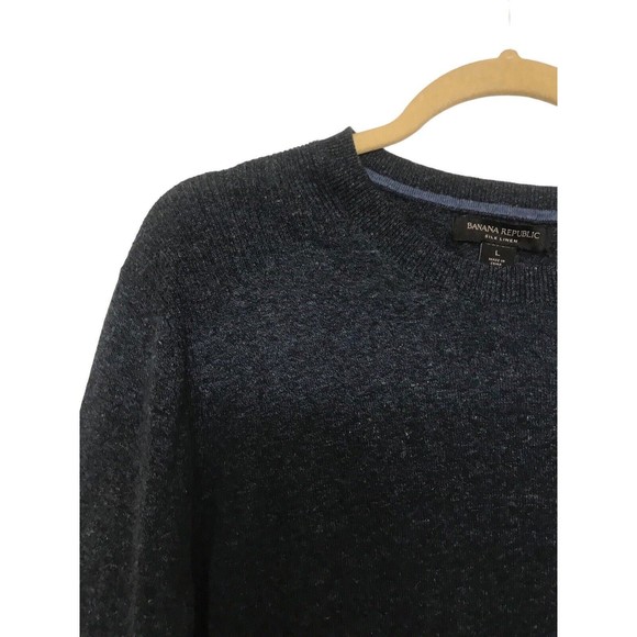 Banana Republic Men's Sweater Navy Blue Silk Linen Knit Casual Rib Crew Neck L - Picture 2 of 5